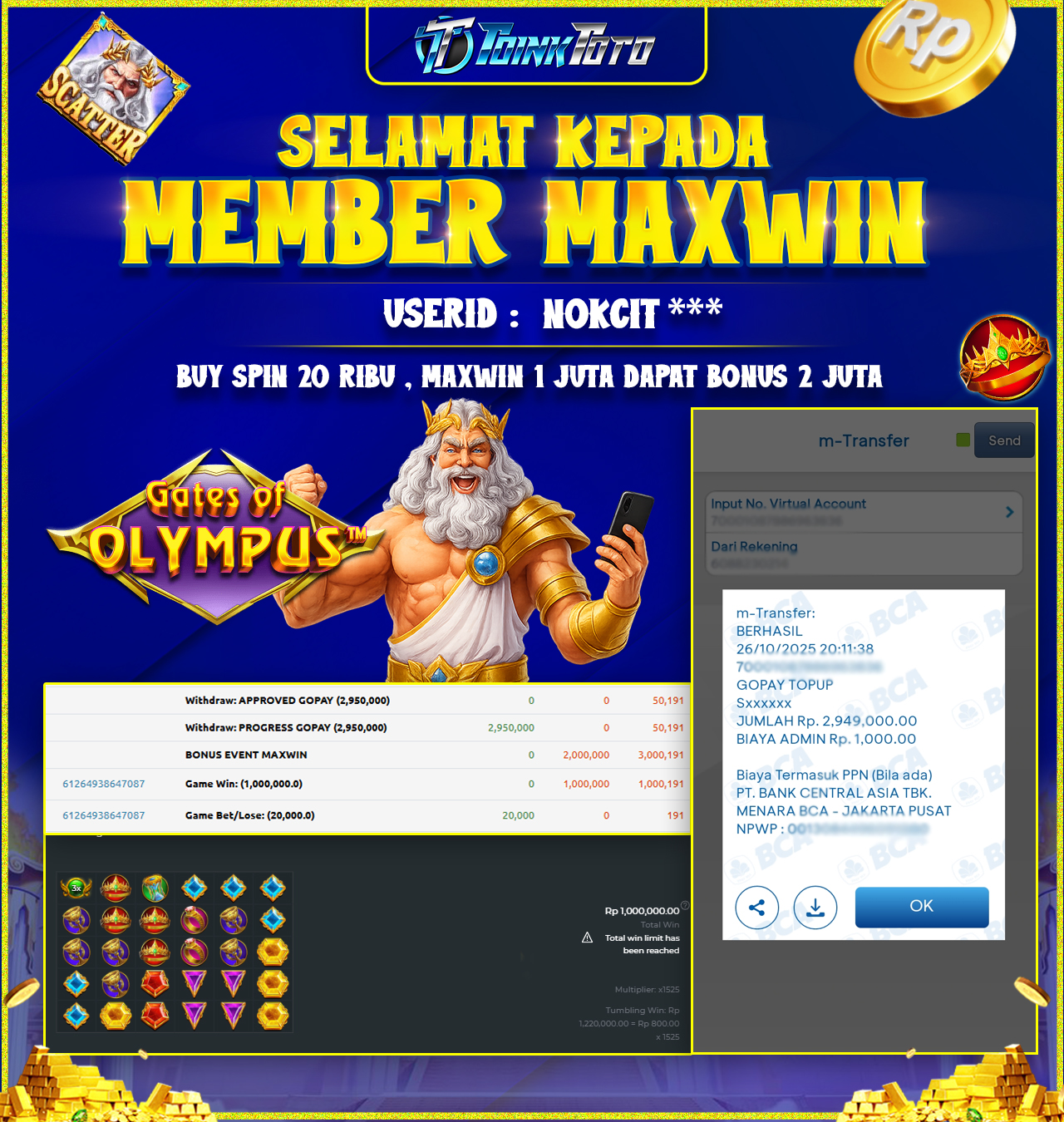 TOINKTOTO JACKPOT GAME SLOT GATES OF OLYMPUS Rp.2.949.000.,- LUNAS